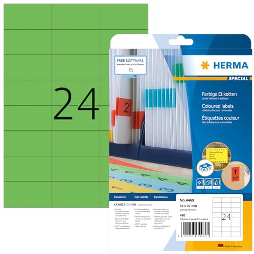 HERMA 4469 Farbige Etiketten grün ablösbar, 20 Blatt, 70 x 37 mm, 24 pro A4 Bogen, 480 Stück, selbstklebend, bedruckbar, matt, blanko Papier Farbetiketten Aufkleber