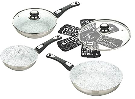 Genius Cerafit Mont Blanc | Pfannen-Set inkl. Glasdeckel | 7 Teile | inkl. Vlies-Einleger | Antihaft-Beschichtung