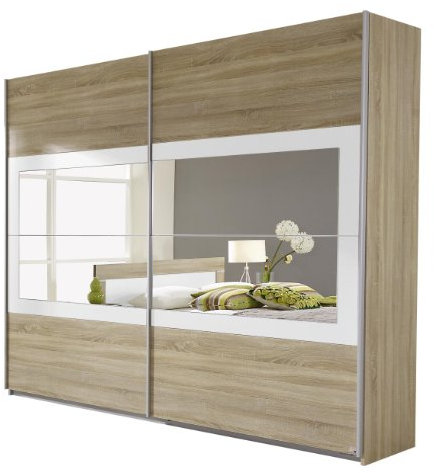 Rauch Möbel Venlo Schrank Schwebetürenschrank, Eiche Sonoma / Weiß, 2-türig mit Spiegel, inkl. Zubehörpaket Basic 3 Kleiderstangen, 3 Einlegeböden BxHxT 226x210x62 cm