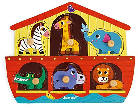 Janod J07062 Wooden Tenon Puzzles 6 pieces, Noah's Ark