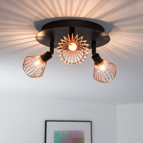 Lightbox LED Deckenstrahler 3 flammig - Deckenspot mit stilvollen Draht-Schirmen und schwenkbaren Köpfen - Metall Schwarz/Kupfer