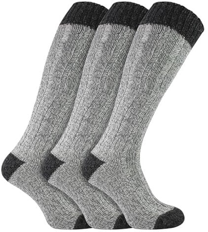 Workforce - 3 Pairs Mens Extra Long Knee High Thick Warm Wool Rich Knitted Boot Socks (WFH0035GRY)(Size: 6-11 UK)