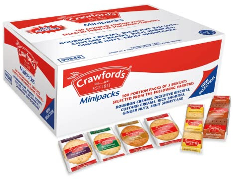 Crawfords Mini Packs Assorted Biscuits [Pack 100] | Individual portions prevent waste and keep biscuits fresh, offering 6 popular varieties for hotel bedrooms or catering.