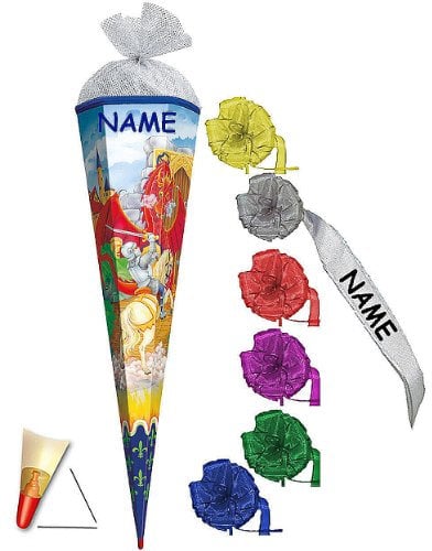 Schultüte - Ritter und Drache - 22 cm - incl. Namen und individueller Schleife mit Tüllabschluß - Zuckertüte Roth - Ritterburg Pferd Reiter Drachen