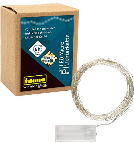 Idena 31114 - LED Micro Lichterkette mit 10 LEDs in Warmweiß, 6 Stunden Timer Funktion, batteriebetrieben, ca. 1,2 m lang, Deko für Innen, zum Basteln, als Party Deko, Weihnachtsdeko, zur Hochzeit