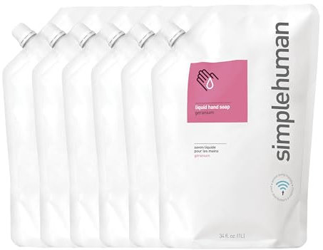 simplehuman 1L Geranium Hand Wash Liquid Soap (Pack of 6), Moisturising, Suitable for Sensitive Skin, Hypoallergenic (DEA, Sulphate and Paraben Free), Biodegradable, Liquid Soap Dispenser Compatible