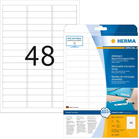 HERMA 10005 Beschriftungsstreifen ablösbar, 800 Blatt, 63,5 x 16,9 mm, 48 pro A4 Bogen, 38400 Stück, selbstklebend, bedruckbar, matt, blanko Papier Klebeetiketten Aufkleber, weiß