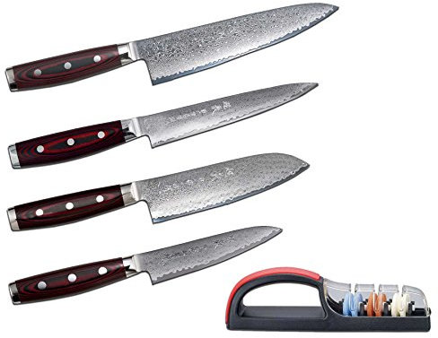 Damastmesser-SET Yaxell SUPER GOU 161-4 Messer + Messerschärfer - Schnittkern aus Pulverstahl 63HRC