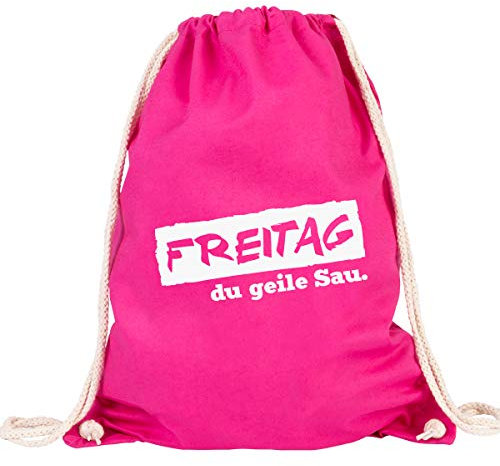 JUNIWORDS Turnbeutel - Wähle ein Motiv & Farbe - FREITAG du geile Sau (Beutel: Pink, Text: Weiß)