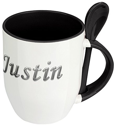 digital print Namenstasse Justin - Löffel-Tasse mit Namens-Motiv Chrom-Schriftzug - Becher, Kaffeetasse, Kaffeebecher, Mug - Schwarz