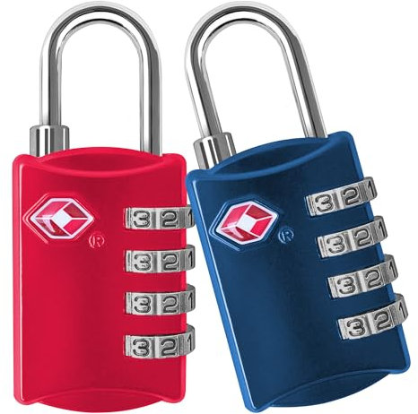 TSA Gepäckschlösser (2 Stück) – 4-stellige Zahlenschloss aus Stahl – zugelassenes Reiseschloss für Koffer und Gepäck – TSA-Schloss (2, Rot und Blau)
