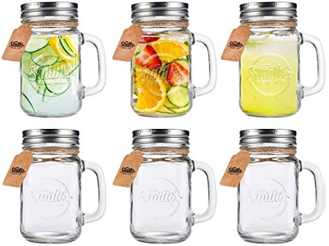 6er Set Trinkgläser mit Deckel und Strohhalm – 16oz/473ml Mason Jar Trinkglas limonadengläser, Glas mit Henkel und Strohhalm, Smoothie Gläser, Trinkglas für Eiskaffee