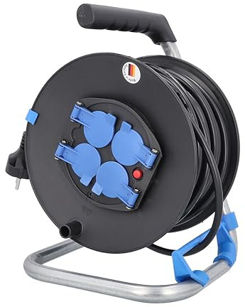 as - Schwabe Heimwerker Kabeltrommel, 25 m H05VV-F 3G1,5 Leitung 230V/16A, mit 4 blauen Schutzkontaktsteckdosen inkl. Klappdeckel & Thermoschutzschalter, IP20, Made in Germany, Schwarz, 10118