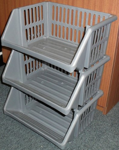 STORAGE BASKETS - 3 TIER - OPEN FRONTED - SILVER COLOUR - 52CM x 38CM x 29CM
