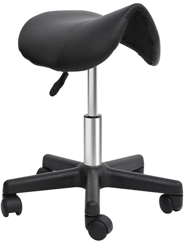 HOMCOM Rolling Saddle Stool, Swivel Salon Chair, Ergonomic Faux Leather Stool, Adjustable Height with Wheels for Spa, Salon, Massage, Office, Black