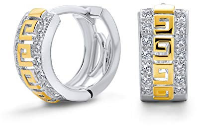 Zweifarbige griechische Schlüssel-Ausschnitt-Huggie-Creolen für Frauen und Männer mit kubischem Zirkonia CZ, 14K vergoldet, .925 Sterlingsilber