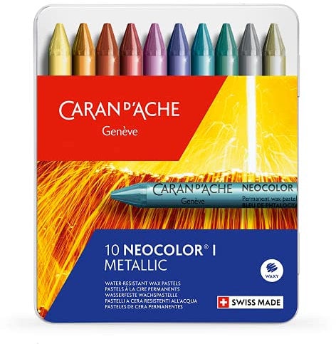 Caran d'Ache Metalldose mit 10 Wachspastellkreiden, verschiedene Metallic-Farben, Einheitsgröße (10er Pack)