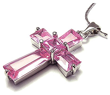 RIZILIA Croix Pendentif avec 18 Chaîne & Trapezoid Coupe de Carre CZ [Saphir Rose simulé] en Or Blanc plaqué,Simple Moderne élégant