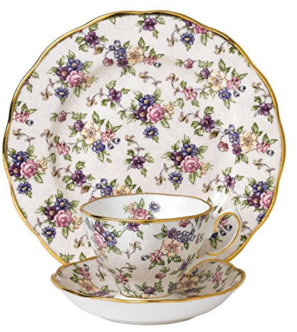 Royal Albert 40017568 100 Years 1940 English Chintz Teacup, Saucer, Plate 20cm, 3 Piece Set, White, Bone China