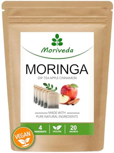 MoriVeda Moringa Dip Tee 100% natürlich & vegan (wahlweise Moringa-Blattmischung, Apfel-Zimt, Granatapfel, Ingwer, Minze) Moringa Tee, Apfel-Zimt - 20 Beutel