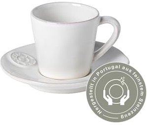 Costa Nova Kaffeetasse mit Untertasse Nova: Set aus feinstem Steinzeug, Spülmaschinen-, Mikrowellen-, Ofen- und Gefrierfest, Elegantes Design, von Hand veredelt, Weiß, 70 ml
