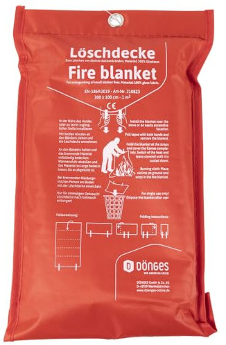Dönges Löschdecke EN 1869, 1.000 x 1.000 mm (Feuerlöschdecke Fettbrand Glasfaser Glasfaserdecke EN1869), ideal für Haushalt und Camping, 100% hitzebeständiges Glasfasergewebe