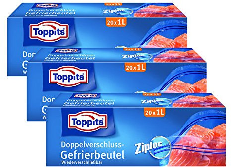 Toppits Doppelverschluss Beutel 1L (17 x 17cm), 3er Pack (3 x 20 Beutel)