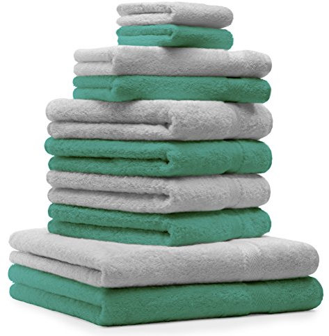 Betz 10-TLG. Handtuch-Set Premium 100% Baumwolle 2 Duschtücher 4 Handtücher 2 Gästetücher 2 Waschhandschuhe Farbe Smaragd und Silbergrau