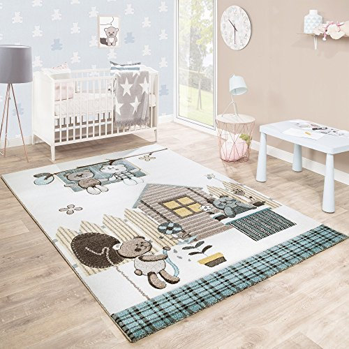 Paco Home Kinderteppich Kinderzimmer Konturenschnitt Bären Design Creme Braun Pastellfarben, Grösse:120x170 cm