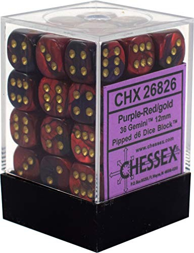 Chessex 12mm Gemini Purple, Red & Gold Polyhedral Dice Set – Compatible with Dungeons & Dragons, Pathfinder & Other Tabletop RPGs – Includes 36 D6 Dice (CHX26826)