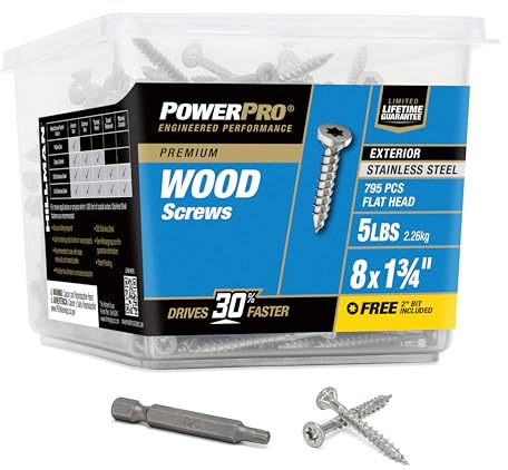 Power Pro 48625 Wood Screws, #8 x 1, Premium Stainless Marine Screws, Rust Resistant, Stainless Steel, 5lb Tub, 860 pcs