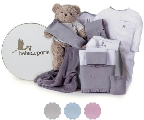 BebeDeParis | Originelle Geschenke für Neugeborene | Klassisches Geschenk für Babys | Personalisierte Geschenkkorb | 3-6 Monate (Grau)