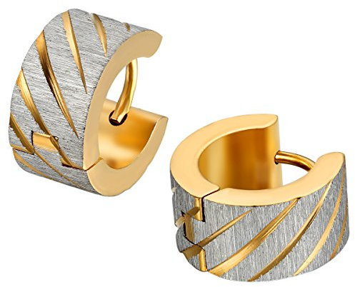 JewelryWe Schmuck Herren Ohrringe, Edelstahl, Breit gestreift Creolen Ohrstecker, Gold