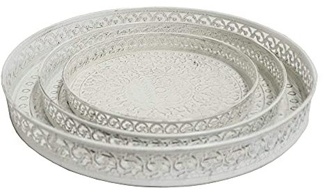 Set di 3 vassoi tondi in stile rustico, vintage, decorazioni shabby chic, in metallo anticato, Metallo, bianco, Set risparmio da 3
