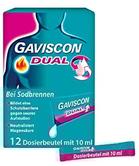 GAVISCON Dual 500 mg / 213 mg / 325 mg Suspension – Bei Sodbrennen und Magendruck – Wirkt bis zu 4 Stunden – 12 x 10 ml Dosierbeutel