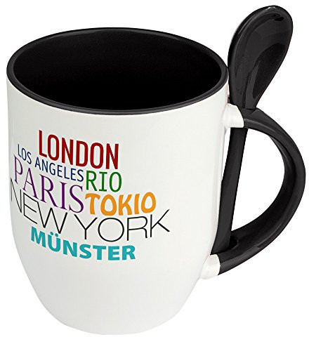 Städtetasse Münster - Löffel-Tasse mit Motiv Famous Cities in the World - Becher, Kaffeetasse, Kaffeebecher, Mug - Schwarz