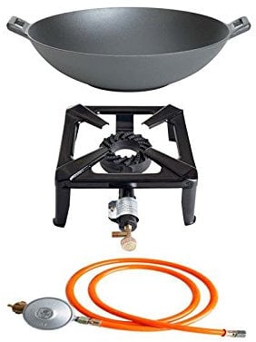 Réchaud avec puissance 8,5 Kw, dimensions : 40 x 40 x 17 cm et Wok en fonte avec Ø 37 cm + Tuyau et régulateur de gaz