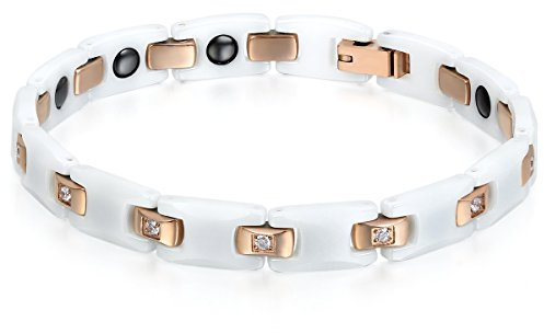 JewelryWe Schmuck Damen Armband, Lieben Freundschaftsarmband, I Rechteckig Link Magnet Charm, Zirkonia Diamant Edelstahl Keramik, Rose Gold Weiss