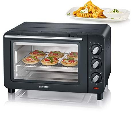 SEVERIN Back- und Toastofen, Mini Backofen mit Grillrost, Backblech und Krümelblech, vielseitiger Heißluftofen mit 14 L Kapazität, 1.200 W, Schwarz-Silber, TO 2064