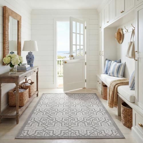 SAFAVIEH Washable Rug Outdoor Courtyard Collection - 5'3 x 7'7, Light Grey & Anthracite, Non-Shedding & Easy Cleaning, Ideal for Patio, Backyard, Mudroom (CY7931-78A18)