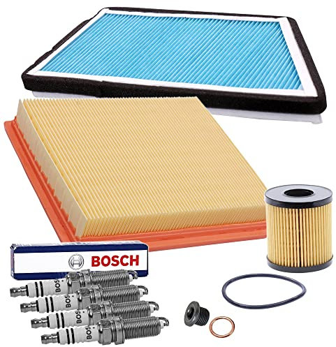 Inspektionspaket SET C 1x Ölfilter 1x Luftfilter 1x Innenraumfilter 4x Zündkerze BOSCH Super plus FR8SC+ 1x Ölablass-Schraube 1x Dichtring für Ölablass-Schraube