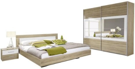Rauch Möbel Venlo Schlafzimmer, Eiche Sonoma / Weiß, bestehend aus Bett mit Liegefläche 180x200 cm inkl. 2 Nachttische und Schwebetürenschrank BxHxT 226x210x62 cm