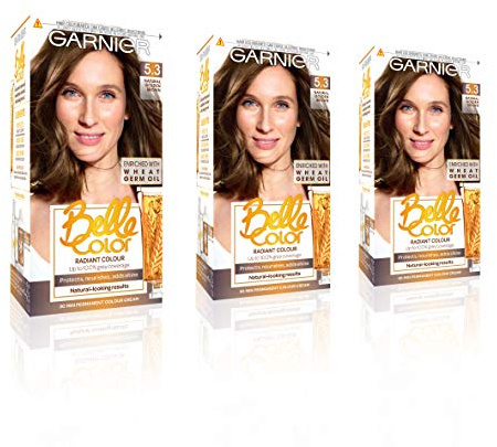 Garnier Belle Color Brown Hair Dye Permanent, Natural looking Hair Colour, up to 100 percentage grey coverage - 5.3 Natural Golden Brown Pack of 3, 3 Count (Pack of 1)