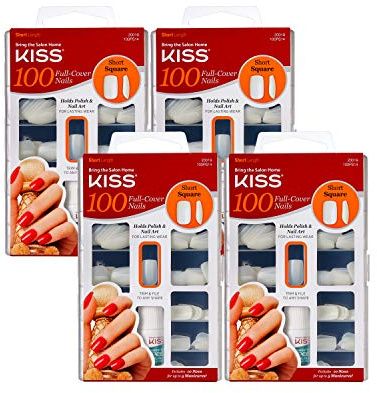 Kiss 100 Full Cover Nails Kit, Short Length, Square 1 Ea Pack Of 4