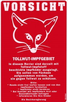 HSK - VORSICHT TOLLWUT-IMPFGEBIET - 30cm x 20cm Rot Kunststoff Schild Warnung Funktional