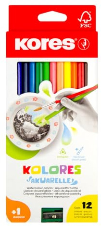 Kores - Akuarelle: 12 Wasserfarbenstifte für Kinder, Anfänger und Erwachsene mit weicher Mine und in Dreieckiger Form, Schul- und Kunstbedarf, Set aus 12 Sortierten Farben
