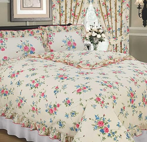 The Cameo Collection Elizabeth Blue, Double Bed Duvet/Quilt Cover Set, Traditional Floral Frilled Bedding Set, Rose Flowers Cream Pink Green