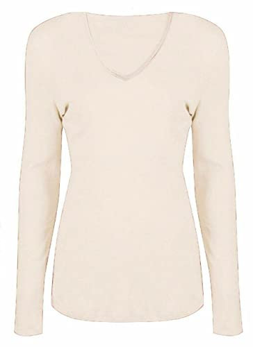 WearAll New Ladies V Neck Long Sleeve Stretch Top Plus Size Womens Plain T-Shirt Cream 16/18