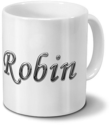 printplanet Tasse mit Namen Robin - Motiv Chrom-Schriftzug - Namenstasse, Kaffeebecher, Mug, Becher, Kaffeetasse - Farbe Weiß