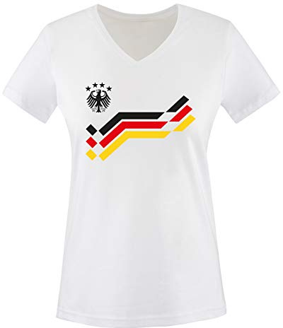 Comedy Shirts - EM 2016 - Deutschland - Retro - Trikot - Damen V-Neck T-Shirt - Weiss/Schwarz Gr. XXL